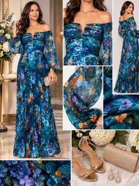 XSCAPE Turquoise Multi Off Shoulder Floral Formal Gown Size 6 NWT